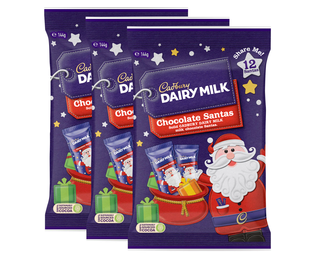 3 x Cadbury Dairy Milk Chocolate Santa Share Pack 144g