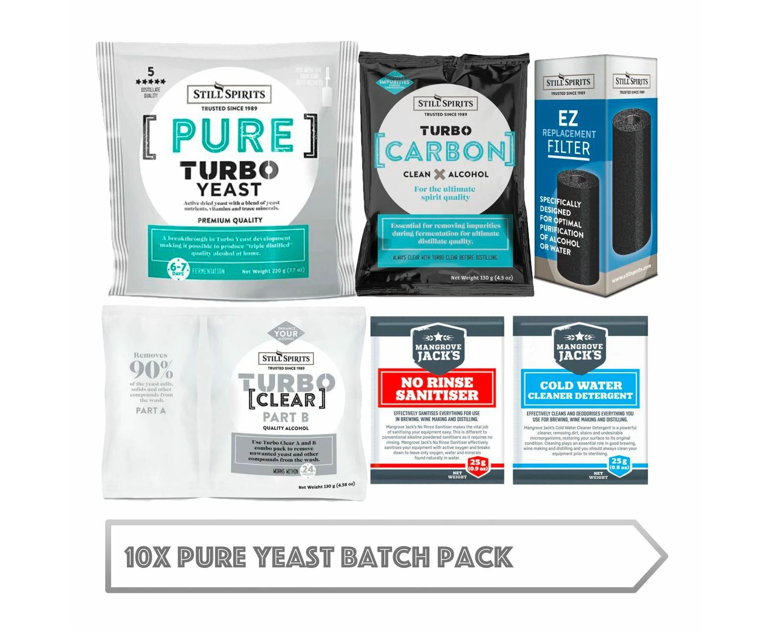 10x Turbo 500 Pure Yeast Batch Pack: 10x Still Spirits Pure Yeast, 10x Turbo Carbon, 10x Turbo Clear, 10x EZ Filter, 10x Cold Water Detergent & 10x No-R...