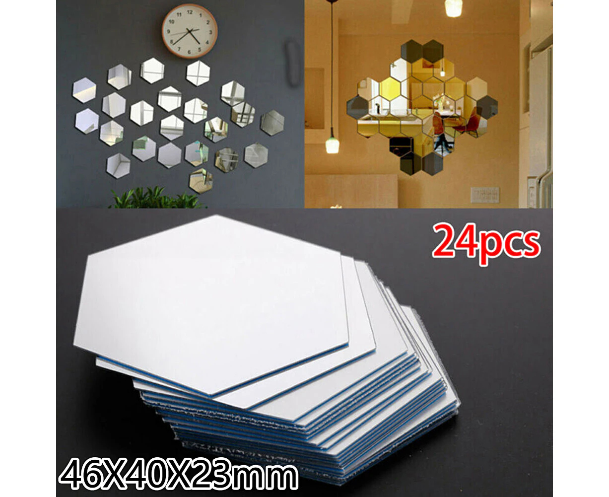 24Pcs Hexagon Mirror Sticker Self Adhesive Mosaic Tiles Bathroom Decorative Mirror Stickers