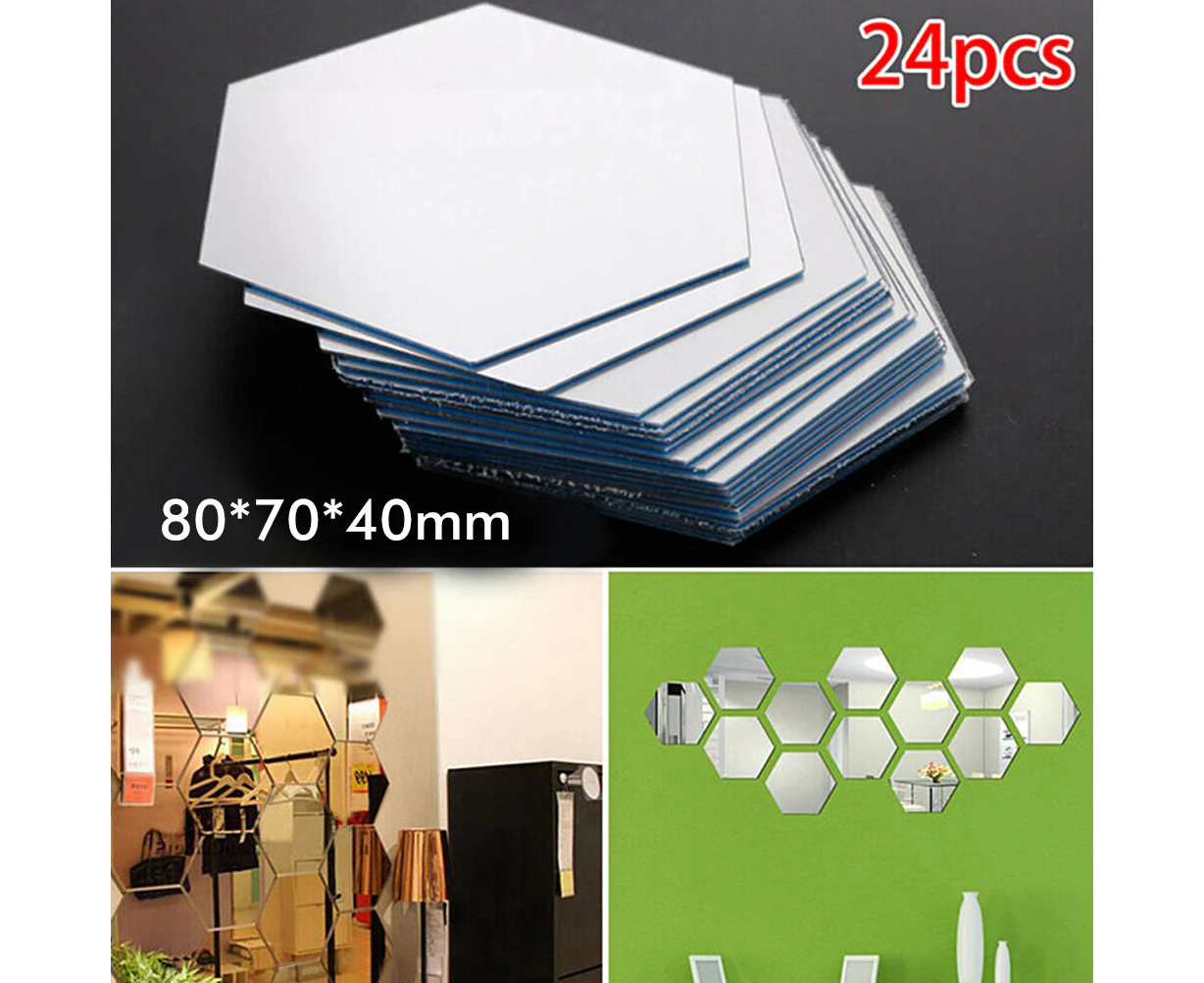 24Pcs Hexagon Mirror Sticker Self Adhesive Mosaic Tiles Bathroom Decorative Mirror Stickers