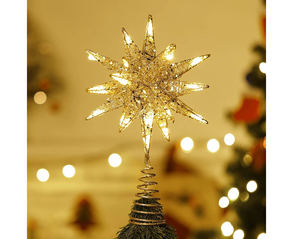 Christmas Star Tree Topper 3D Geometric Star Decorative Led Lights Battery Operated Beautiful Star Lighting With Springy Base  For Holiday Xmas