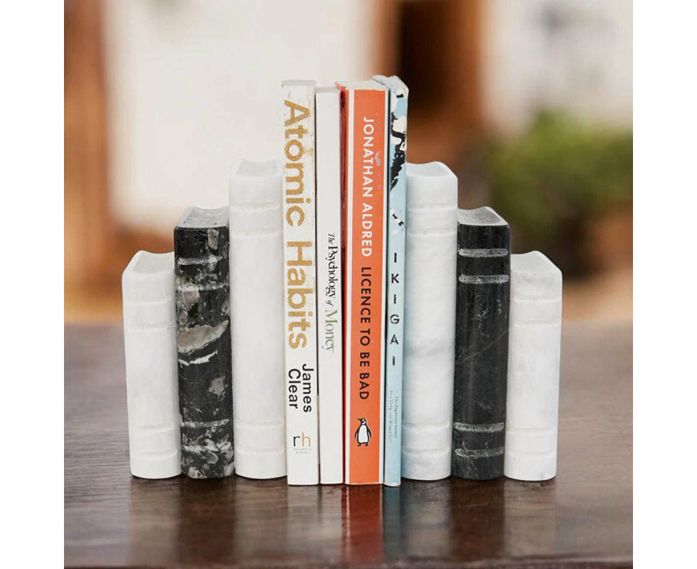 Marble 3 Book Ends Handmade Bookends for Book Shelf & Desk Organizer - Decorative Tabletop Hold Books Heavy Duty for Study Room - White & Black