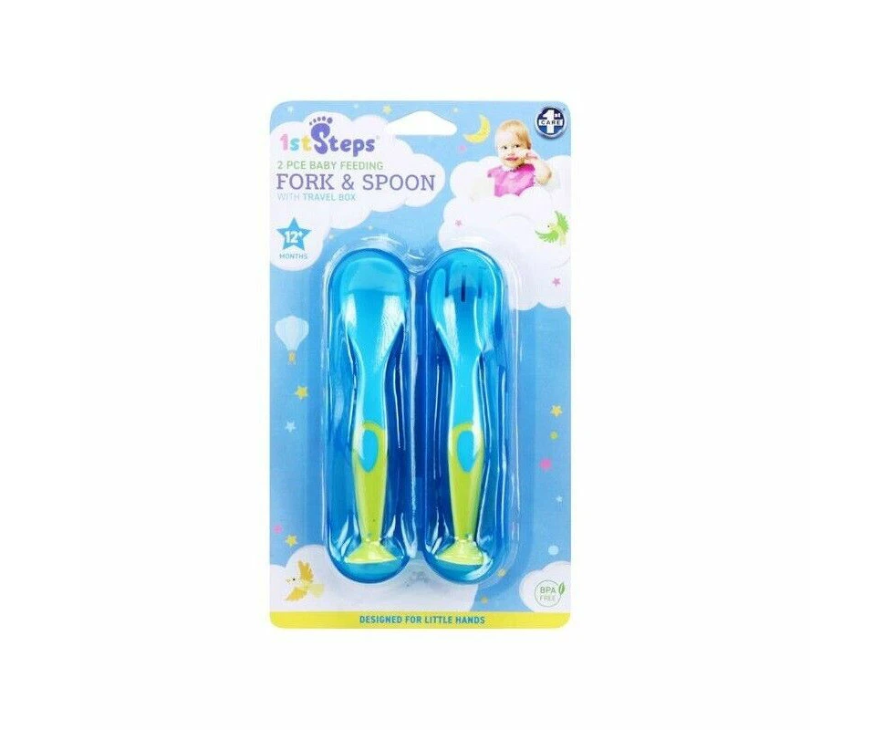 1PC Fork & Spoon Feeding Set With Travel Case 1st Steps Suction Cup Base - Blue