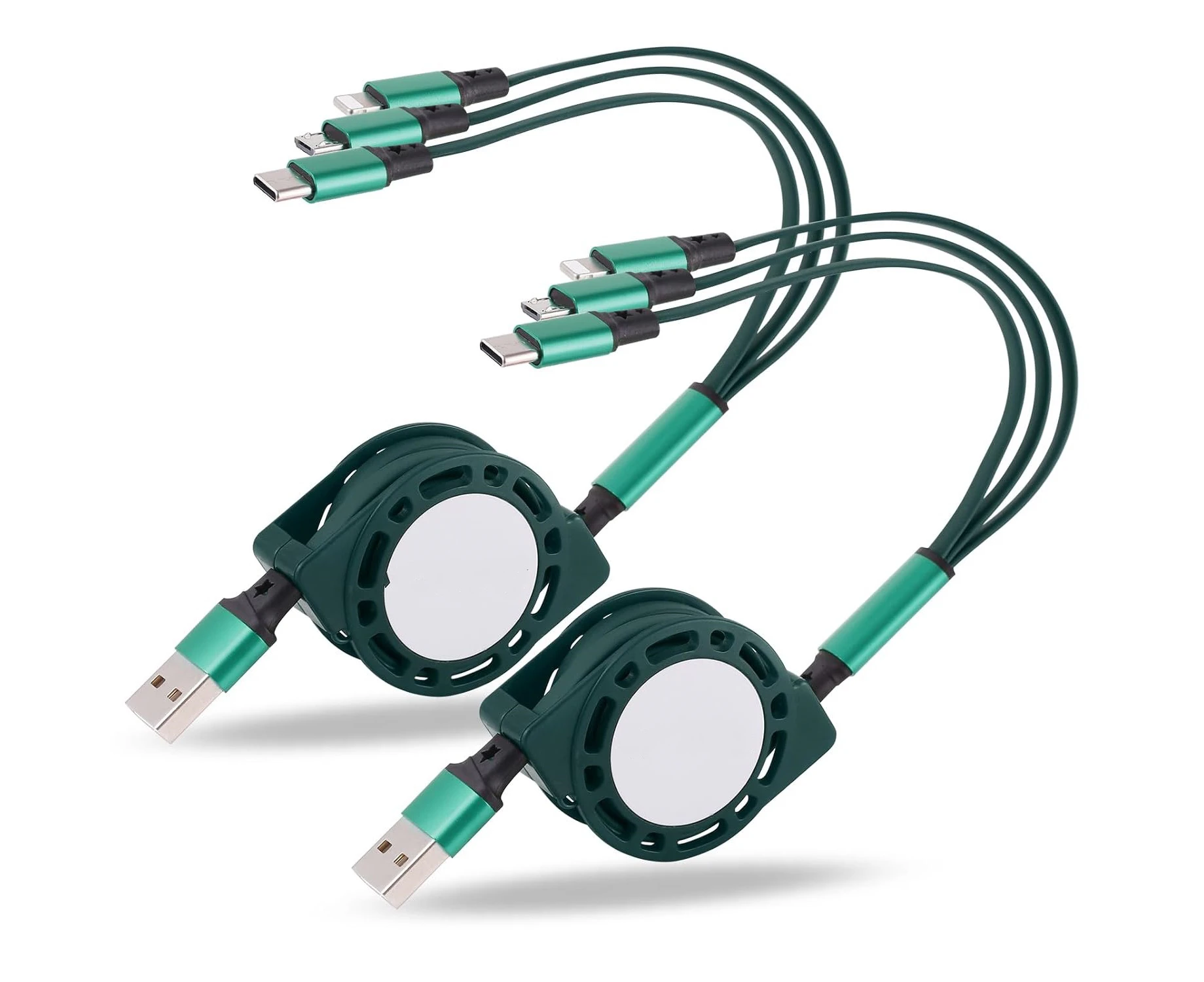 Multi USB Charger Cable Retractable 3 in 1 Multiple Charging Cord Adapter(2Pack-Green)