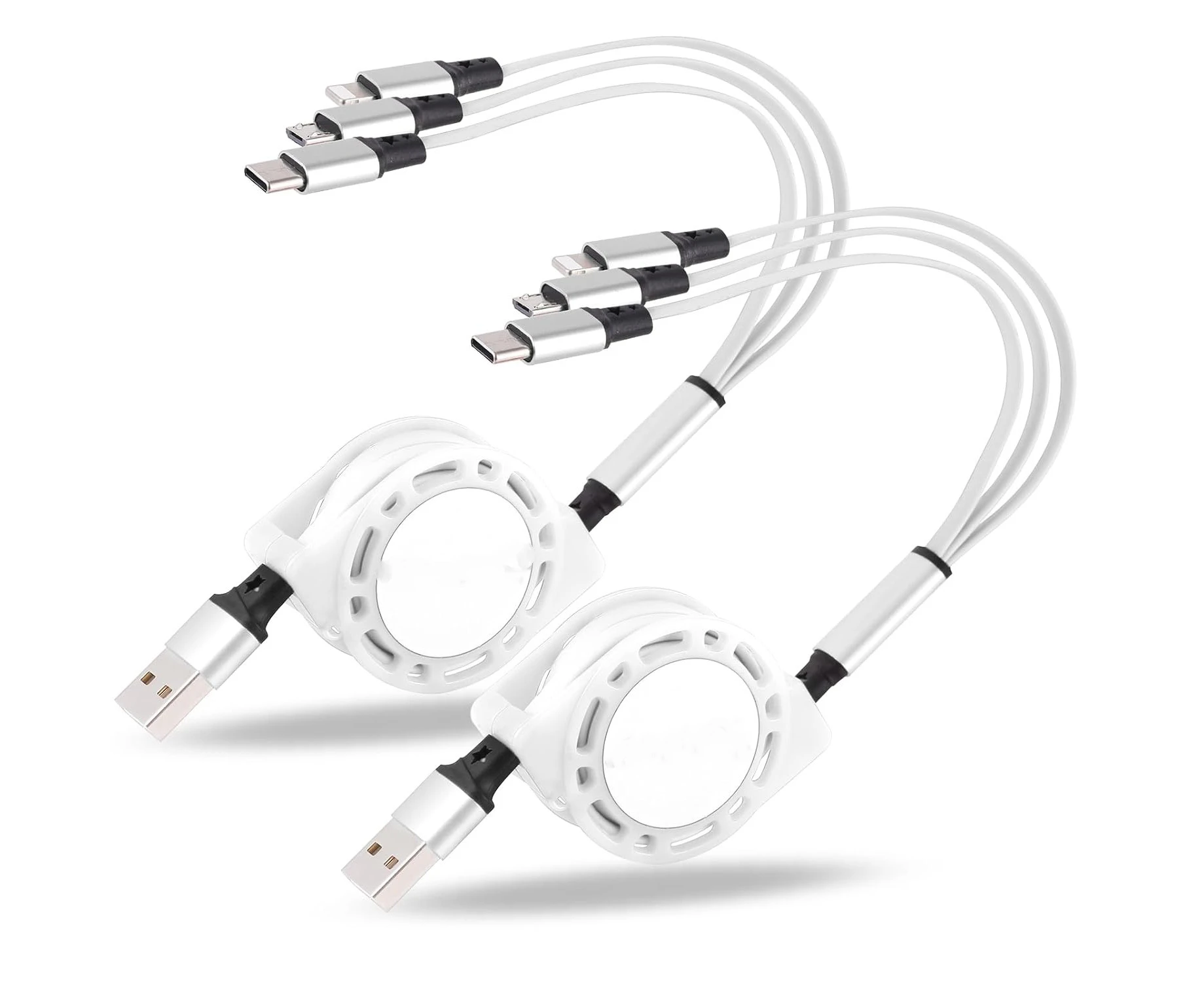 Multi USB Charger Cable Retractable 3 in 1 Multiple Charging Cord Adapter(2Pack-White)