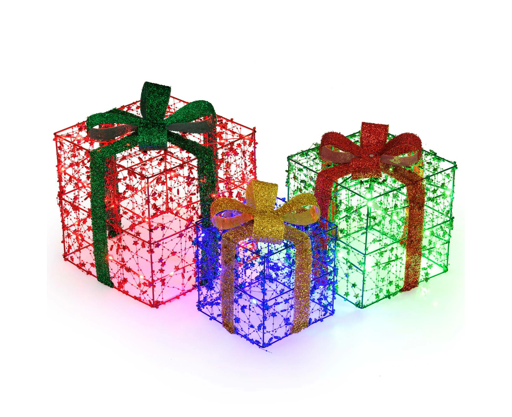 Costway 3pcs Lighted Gift Box Pre-Lit Metal Frame Christmas Decoration w/Colorful Lights Party Xmas Decor