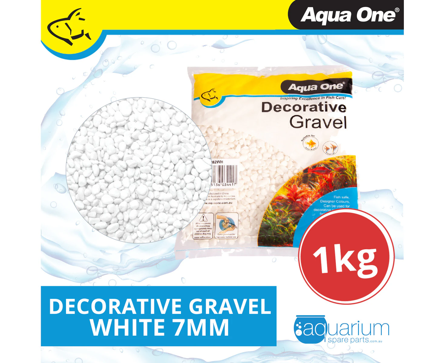 Aqua One Decorative Gravel White 7mm 1kg (10282WH)