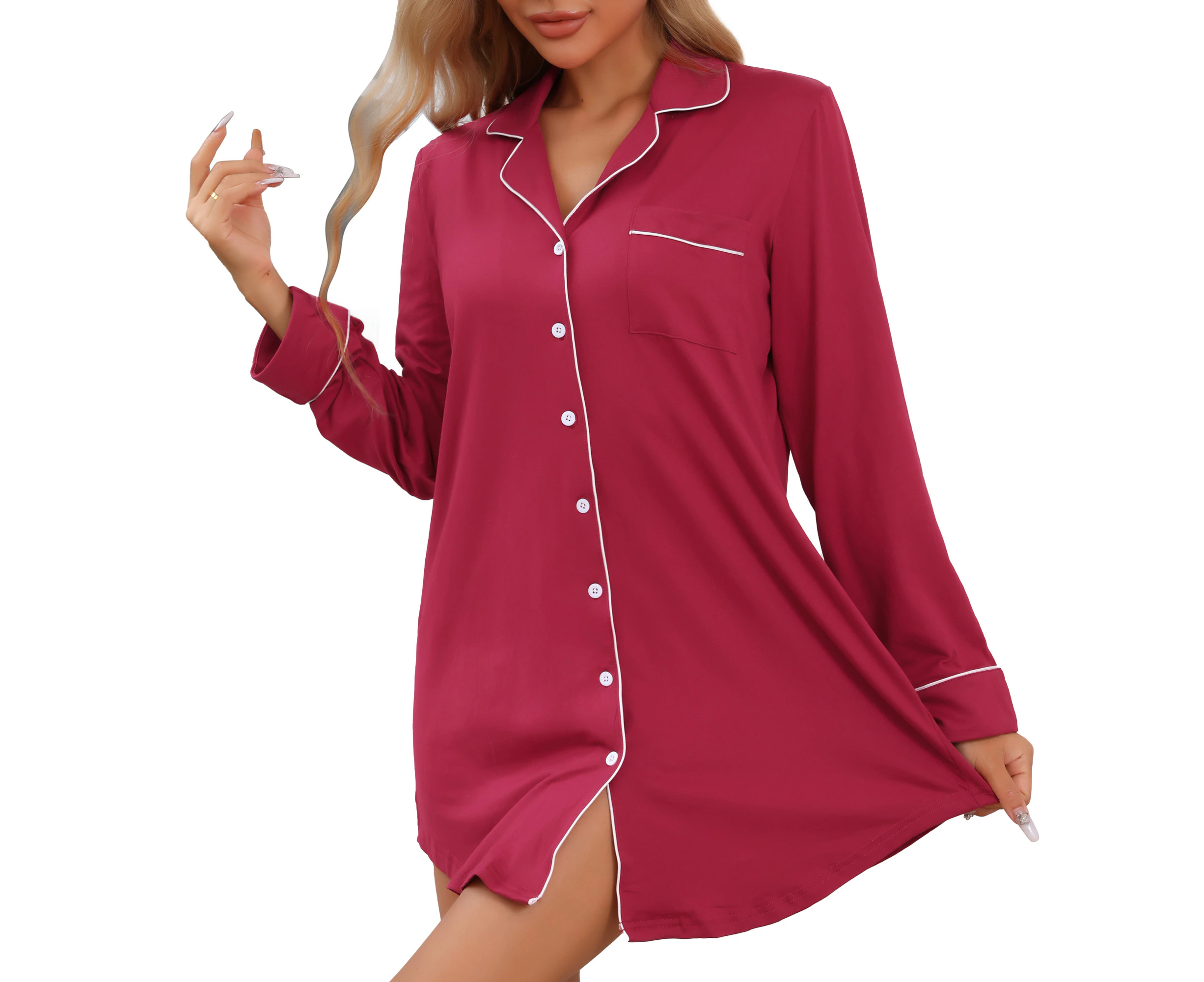 cheibear Long Sleeve Shirt Button Down Loungewear Red