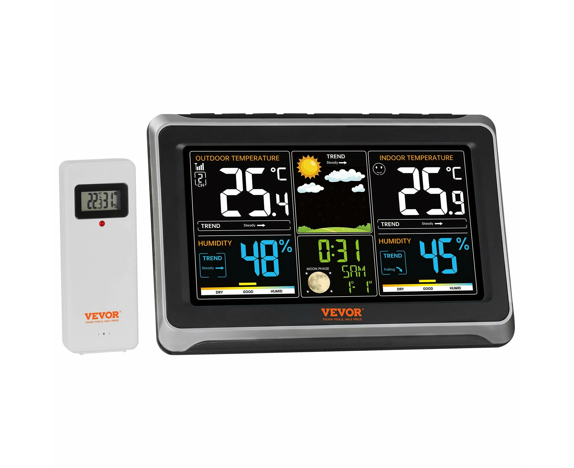 VEVOR Weather Station Indoor Outdoor, Large Color Display, Wireless Digital Home