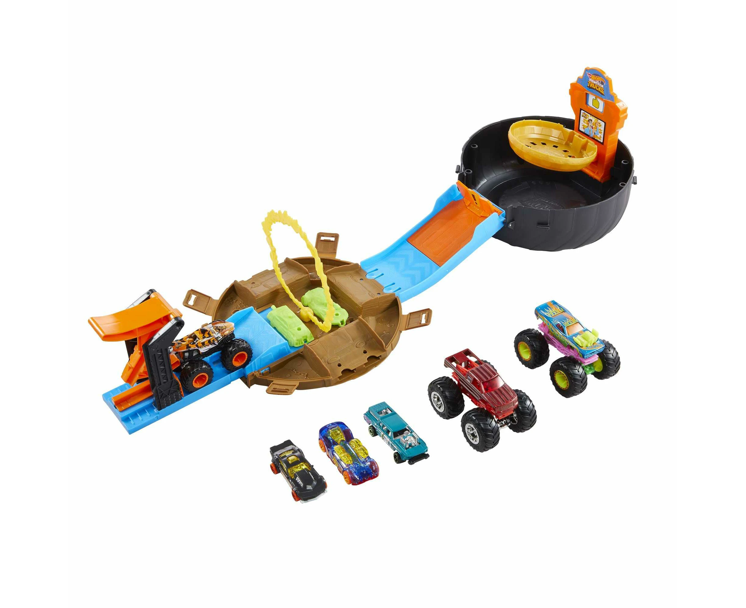 Hot Wheels Monster Trucks Stunt Tire Playset, Includes 3 Hot Wheels Monster Trucks & 3 Hot Wheels 1:64 Scale Vehicles, Gift for Kids 4 to 8 Years Old, HHY7