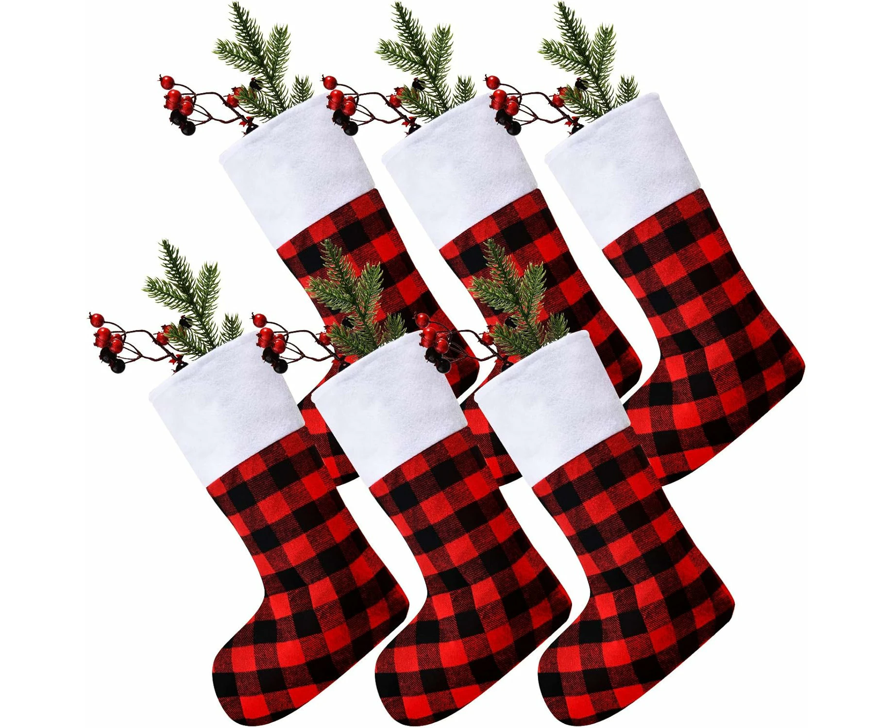 6 Pieces Christmas Buffalo Plaid Stocking Classic Stocking Decorations Christmas Stockings with Plush Cuff for Family Christmas Holiday Party Decor