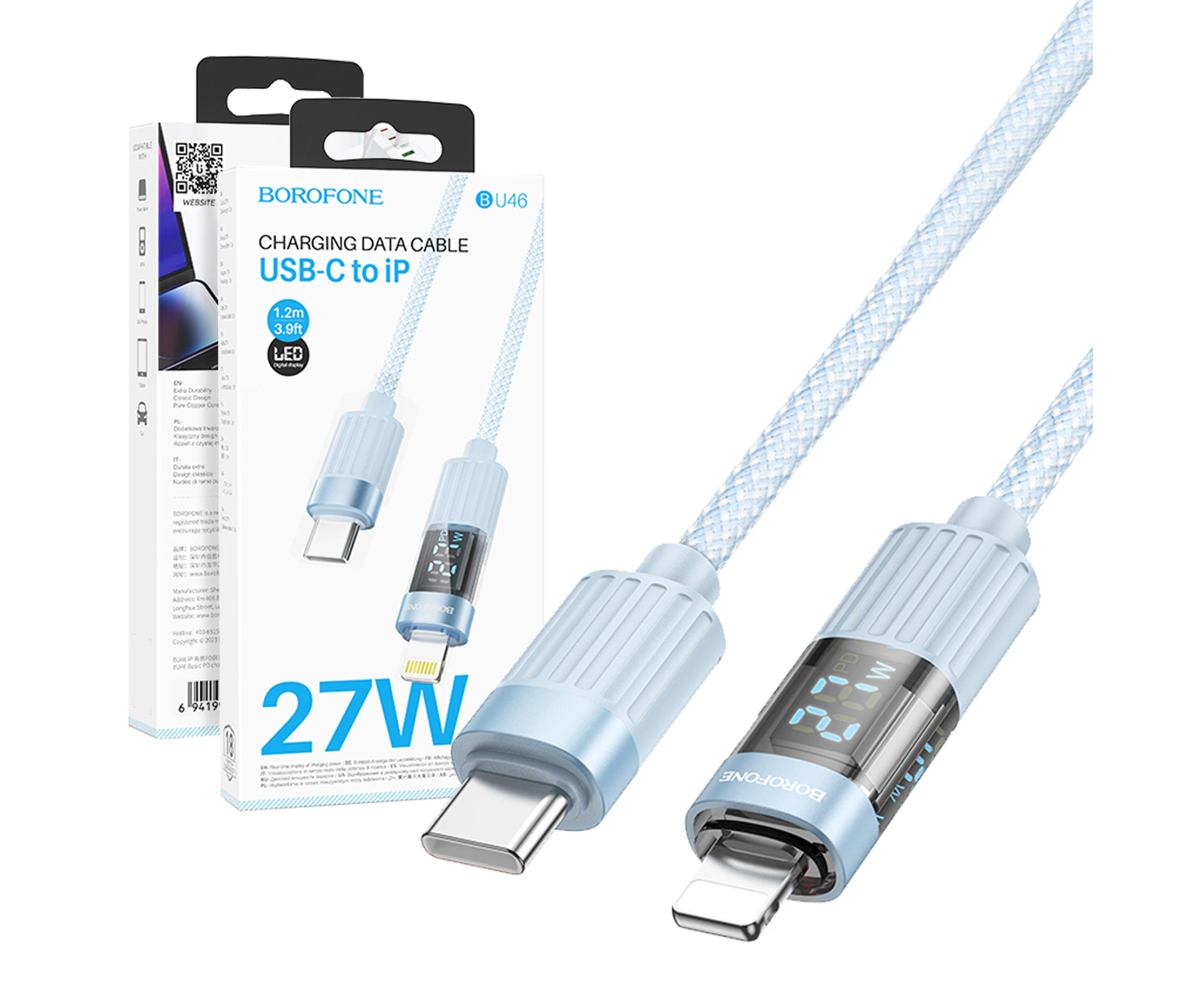 Borofone BU46 1.2m 27W PD USB Type C to Lightning Data Sync Cable Cord With Digital Display (Blue)