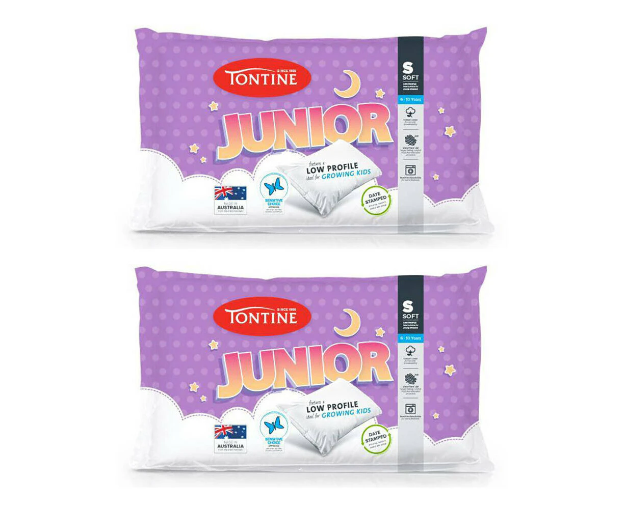 2x Tontine 46x72cm Junior 6-10yrs Children Soft Cotton Pillow Low Profile WHT