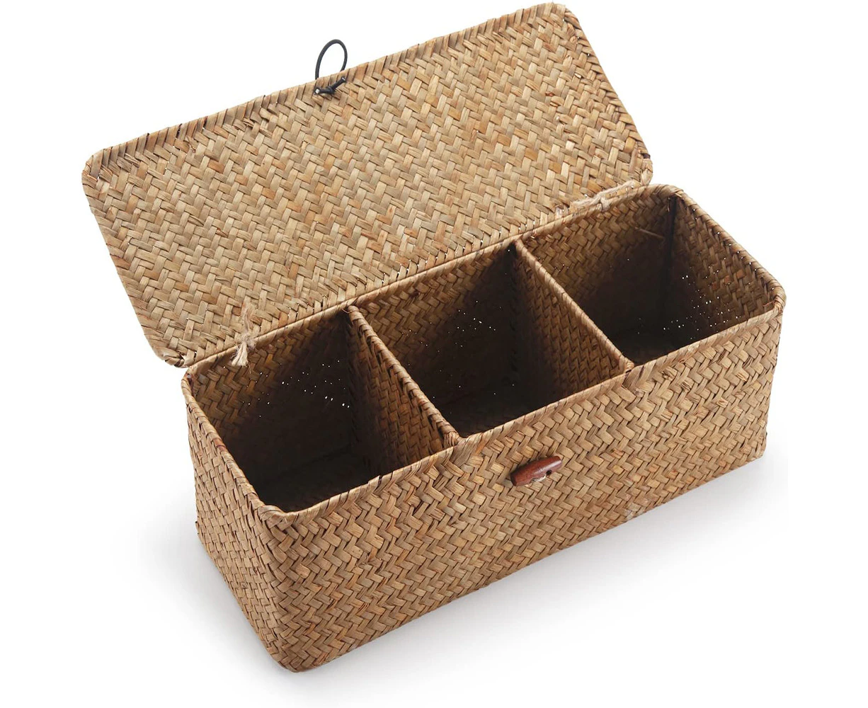 Storage Basket With Lid Natural Woven Braided Rectangular Shelf Baskets With Sections For Organizing Snack Toys