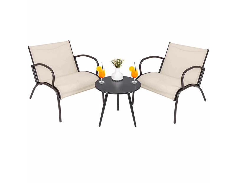 Costway 3 Piece Metal Bistro Set Table & Chairs Set w/Arch Design Outdoor Patio Furniture Set Brown