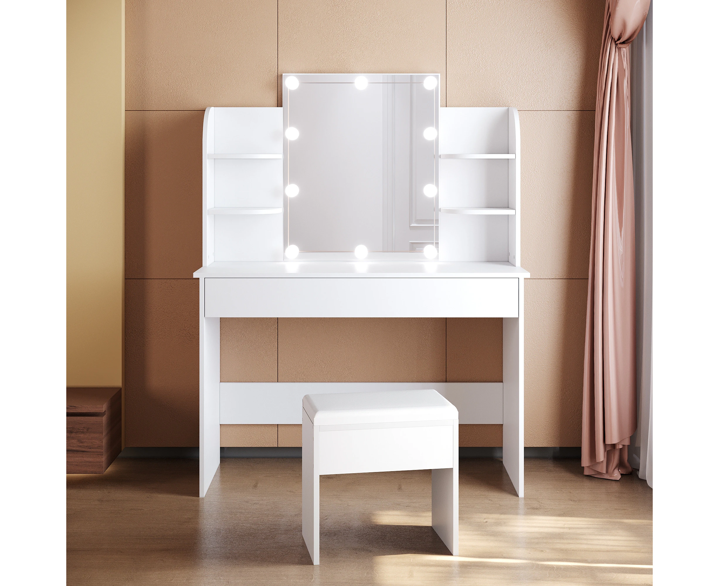 ELEGANT Bedroom Furniture White Dressers Stool Full Set  Lighting Makeup Vanity Mirror Dressing Table