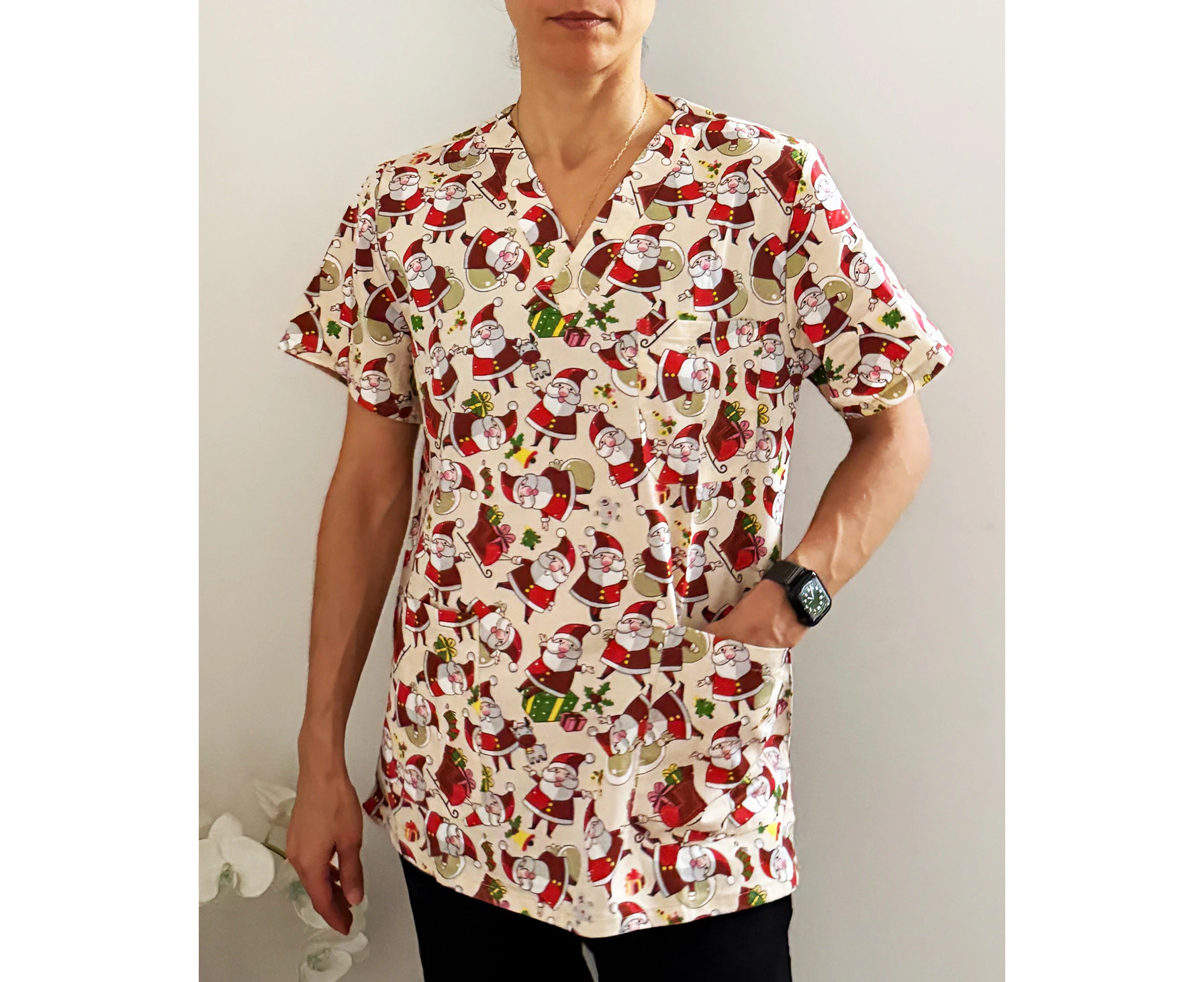 Unisex Christmas Printed Scrubs - Beige