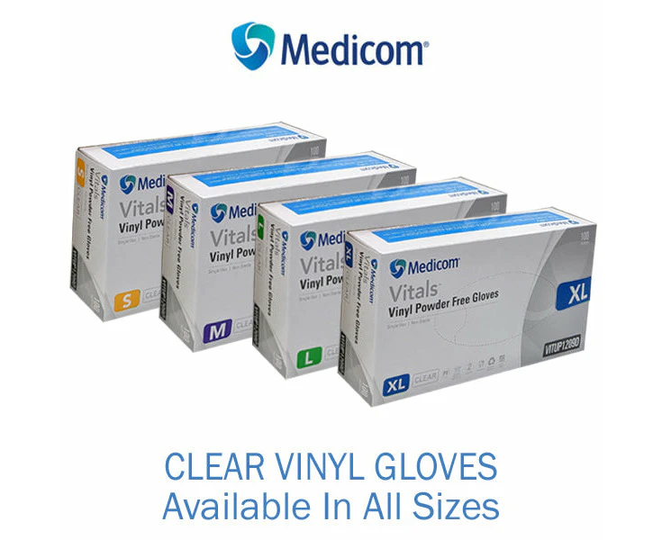 Medicom Vitals Vinyl Gloves Clear Powder Free Large (100 gloves)