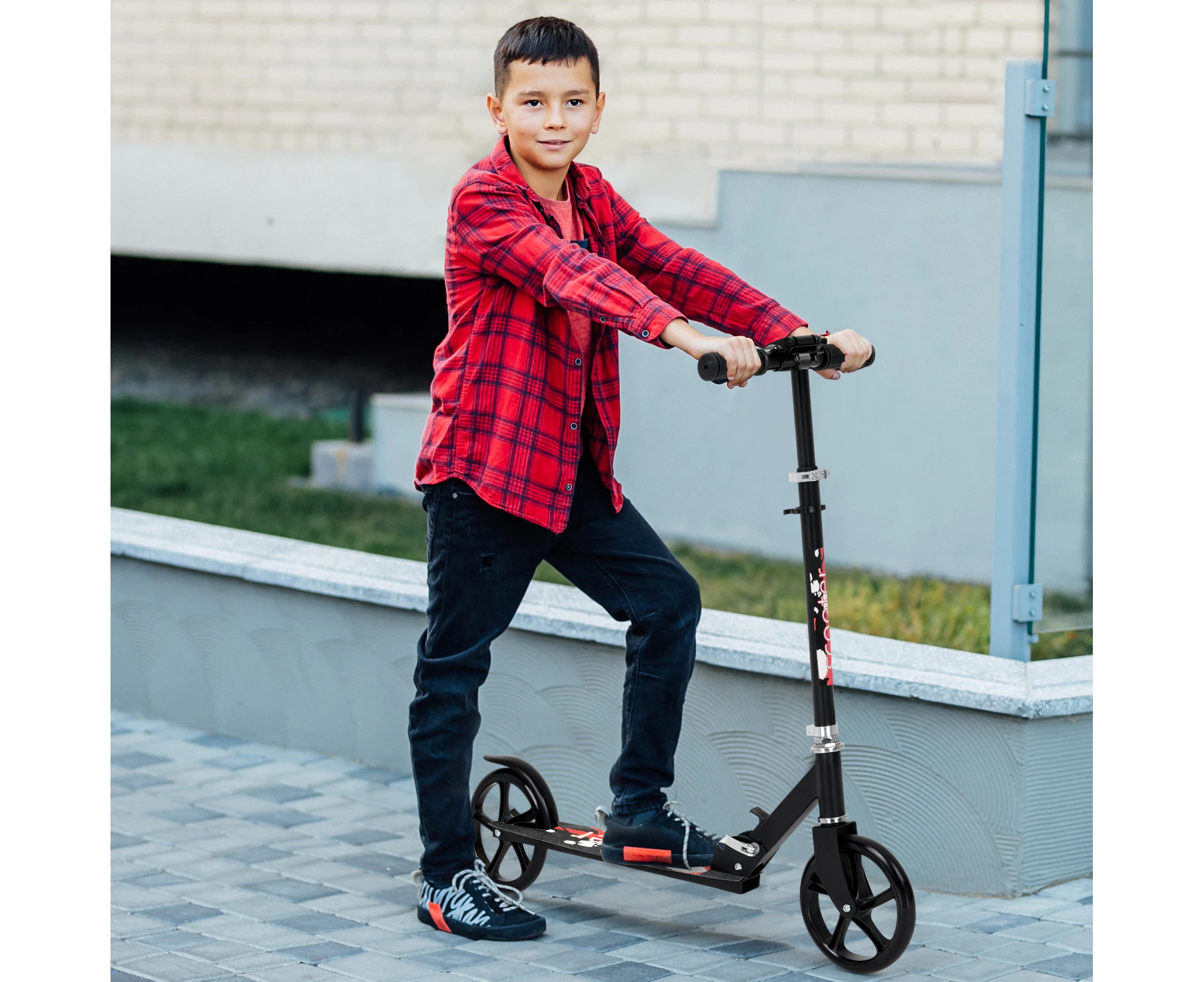 Advwin Folding Kick Scooter 3 Adjustable Height Black & Red