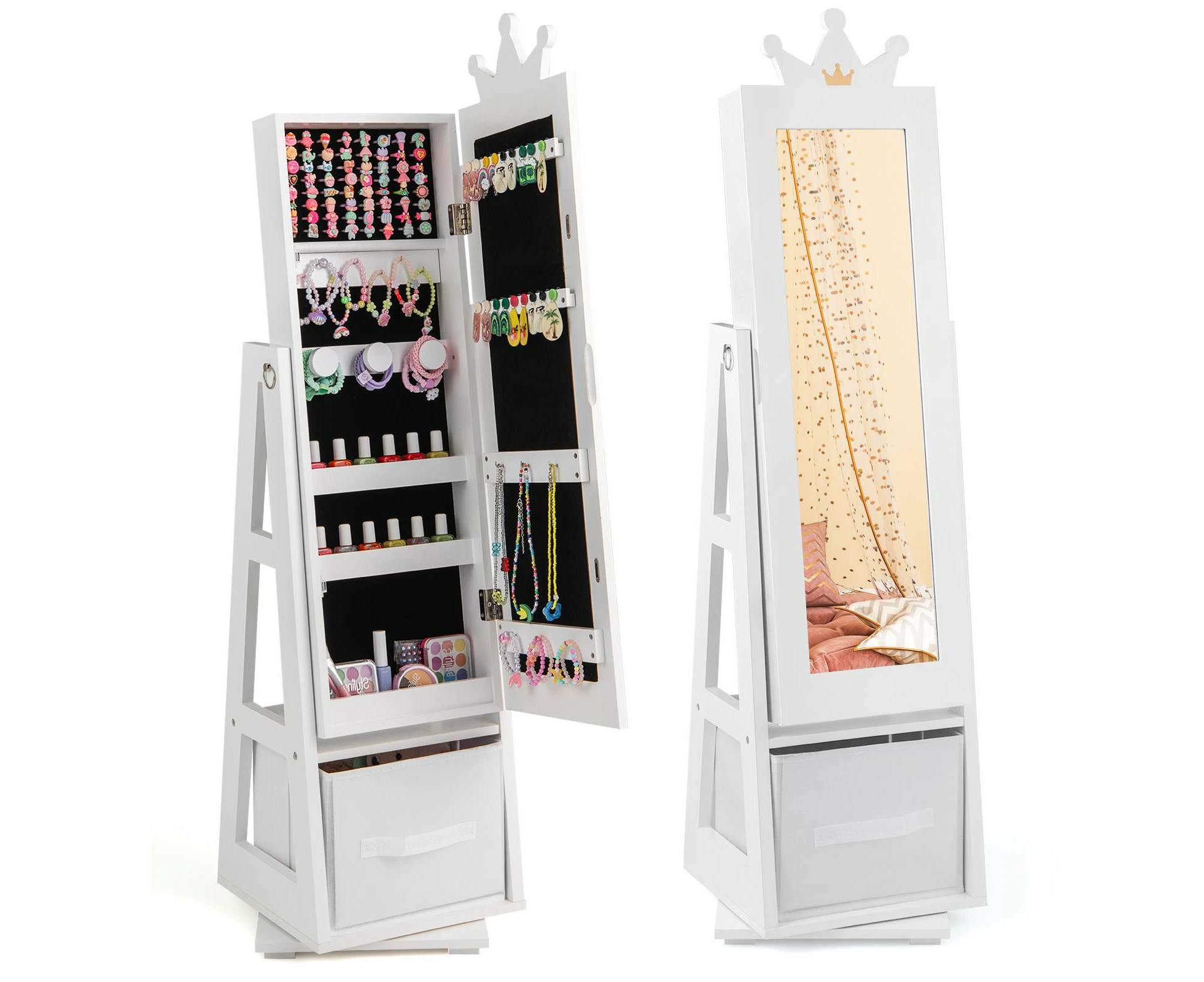 Costway 360° Swivel Jewelry Cabinet 3in1 Armoire Dressing Mirror w/Rear Rack Storage Organizer White