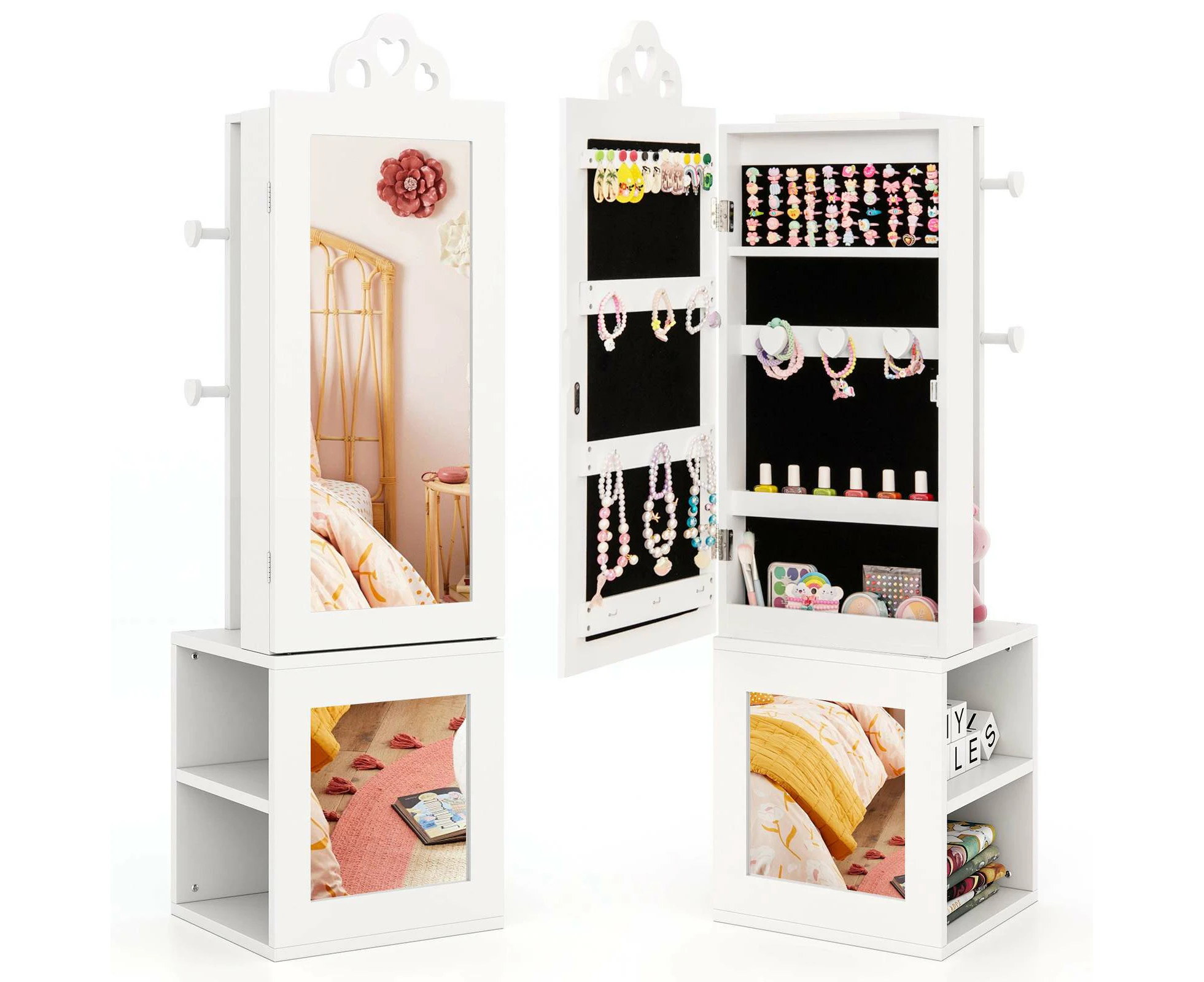 Costway 3-in-1 Jewelry Cabinet Armoire w/Full Length Mirror & Clothes Rack Storage Organizer White