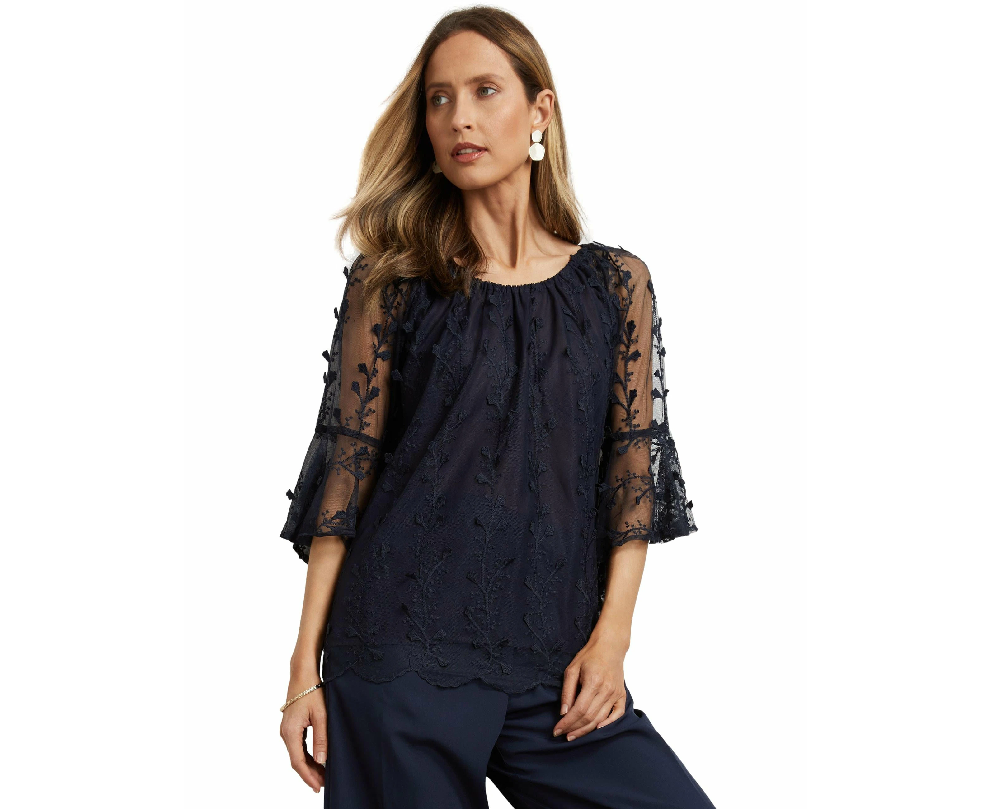 Liz Jordan - Womens - Summer - Tops - Blue - Basic - Navy Blazer - Embroidered - Elbow Sleeve - Casual Fashion Apparel - Work Clothes - Office Wear