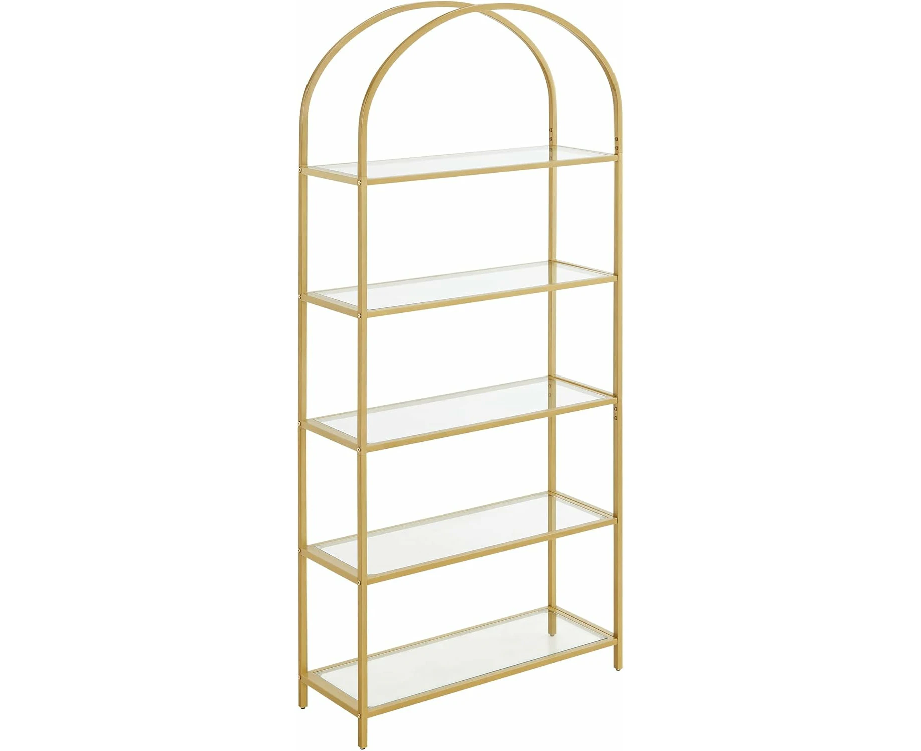 5 Tier Bookcase, Tempered Glass Storage Shelf, Arched Top, Metal Frame for Living Room, Bedroom, Office, Bathroom, Gold LGT050A01