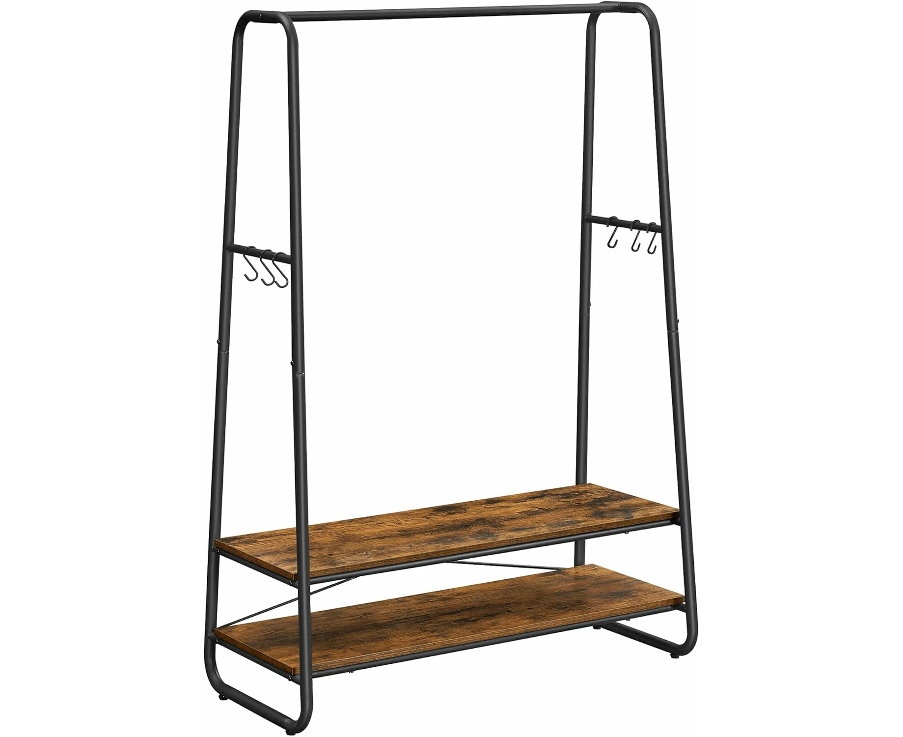 Clothes Rail Heavy Duty 2 Shelf Clothes Rack 6 S Hooks and Steel Frame for Bedroom Industrial Rustic Brown and Black RGR112B01