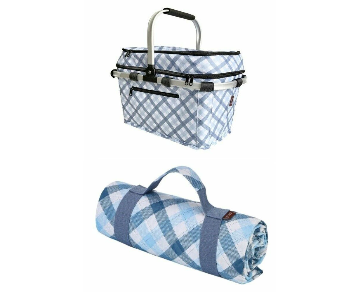 Kit Picnic Basket 4 person & Rug 175x142cm Sachi Beach Outdoor Gingham Blue