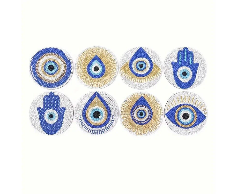 8pcs Diamond Art Coasters with Holder Set Blue Evil Eye DIY Diamond Painted Home