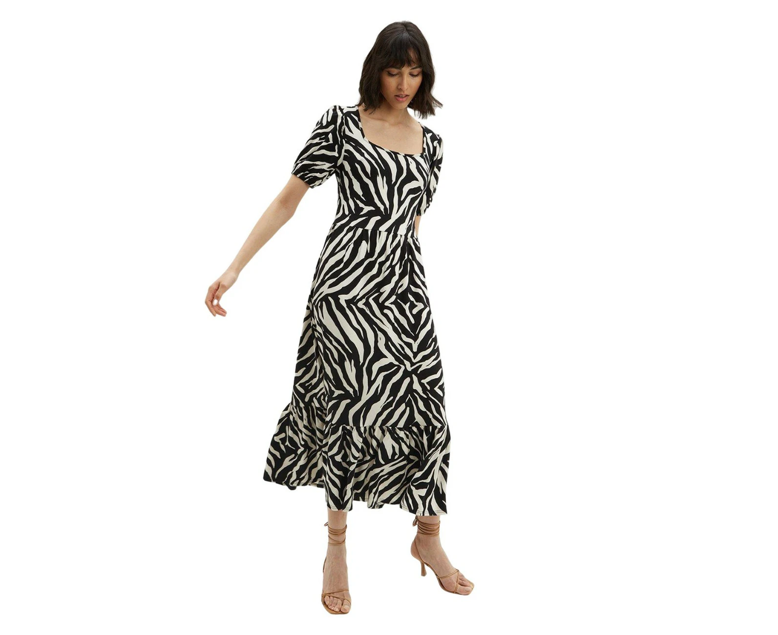 Dorothy Perkins Womens Zebra Print Tie Back Petite Relaxed Midi Dress (Black/White) - DP4757