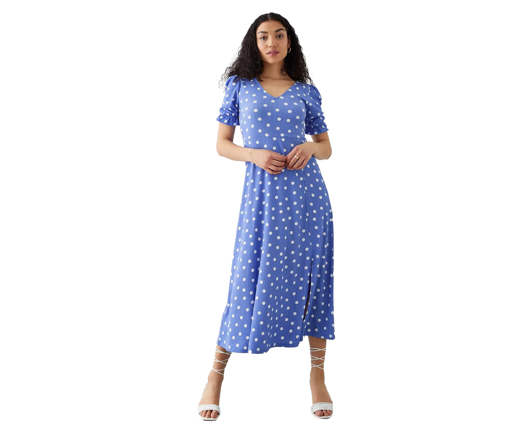 Dorothy Perkins Womens Spotted V Neck Short-Sleeved Midi Dress (Blue) - DP2283