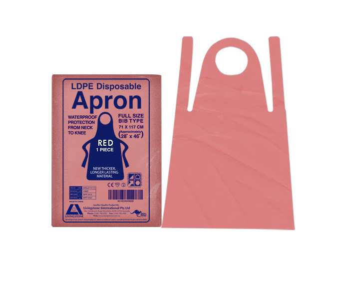 Livingstone Disposable Apron, 71 x 117cm, Recyclable LDPE, Bib Type, Single Pack, Red, 100/Box