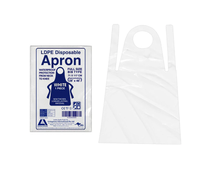 Livingstone Disposable Apron, 71 x 117cm, Recyclable LDPE, Bib Type, Single Pack, White, 100/Box