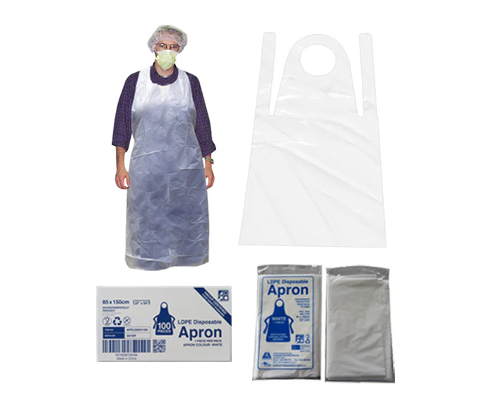 Livingstone Premium Thick Disposable Apron, 85 x 150cm, LDPE, 20um, Bib Type, White, Single Pack, 100 Packs/Box