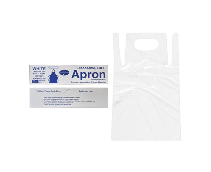 Livingstone Disposable Apron, 85 x 130cm, Recyclable LDPE, Bib Type, Perforated, White, 100/Roll