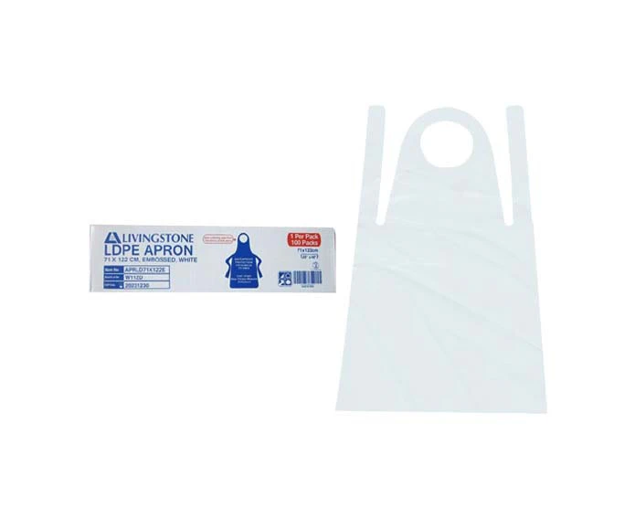 Livingstone Disposable Apron, 71 x 122cm, Recyclable LDPE, Bib Type, Embossed, Single Pack, White, 100/Box