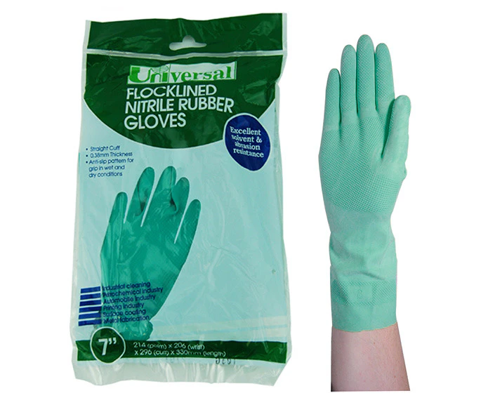 Universal Flocklined Nitrile Gloves, Heavy Duty, EN374, Size 7, 33cm Long, 0.38mm Thick, Green Colour, 1 Pair/Bag, Replaces Solvex