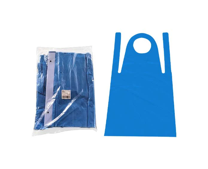 Liv Disposable Aprons, Bib Type, in Wall Hanging Dispenser, 30um, 84 x 123cm, High Density Polyethylene (HDPE), Blue, 100/Pack