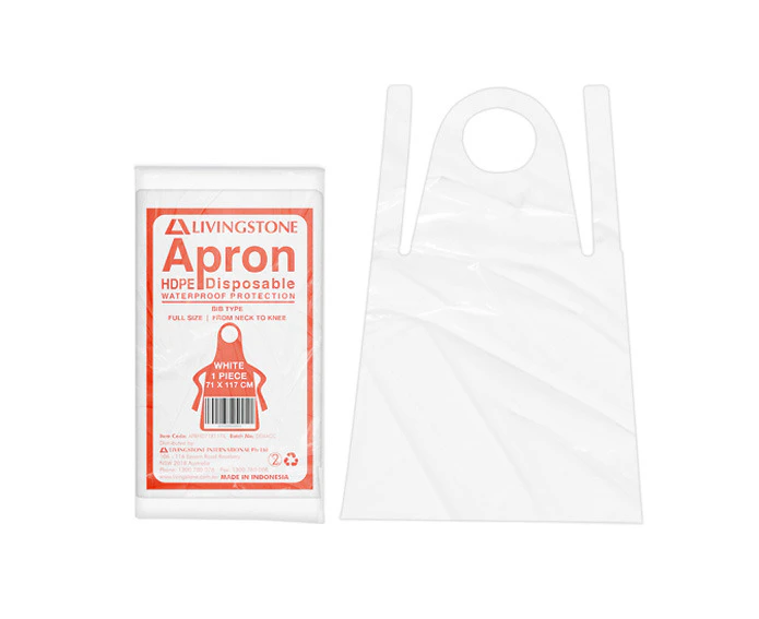 Liv Disposable Aprons, Bib Type, 23um, 71 x 117cm, High Density Polyethylene (HDPE), White, Single Pack, 600 Packs/Box