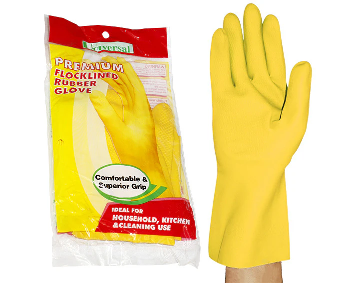 Universal Household Flocklined Rubber Gloves, Small, Yellow, Pair