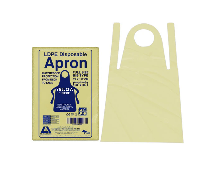 Livingstone Disposable Apron, 71 x 117cm, Recyclable LDPE, Bib Type, Single Pack, Yellow, 100/Box