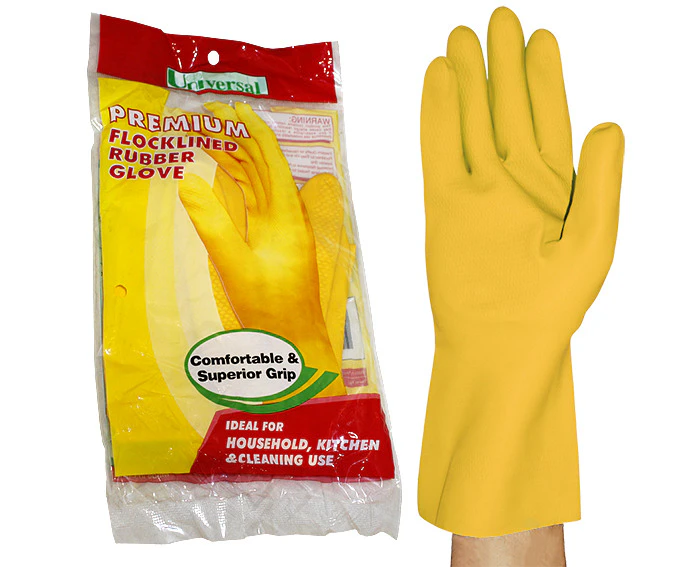 Universal Household Rubber Gloves Flocklined, Large Yellow