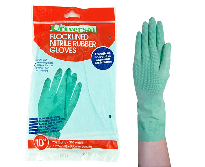 Universal Flocklined Nitrile Gloves, Heavy Duty, EN374, Size 10, 33cm Long, 0.38mm Thick, Green Colour, 1 Pair/Bag Replaces Solvex