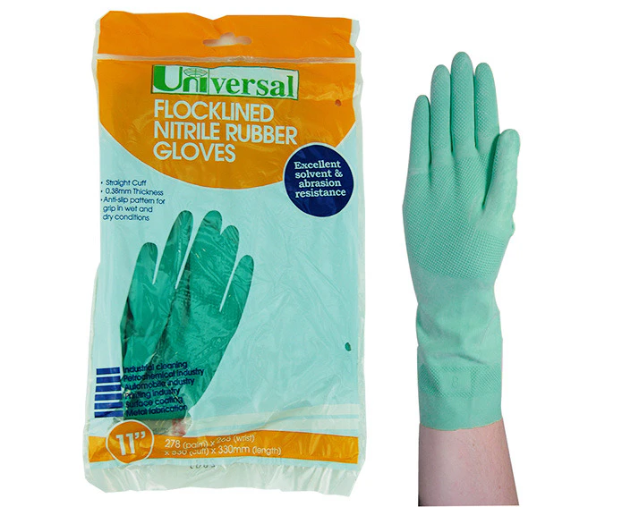 Universal Flocklined Nitrile Gloves, Heavy Duty, EN374, Size 11, 33cm Long, 0.38mm Thick, Green Colour, 1 Pair/Bag, Replaces Solvex