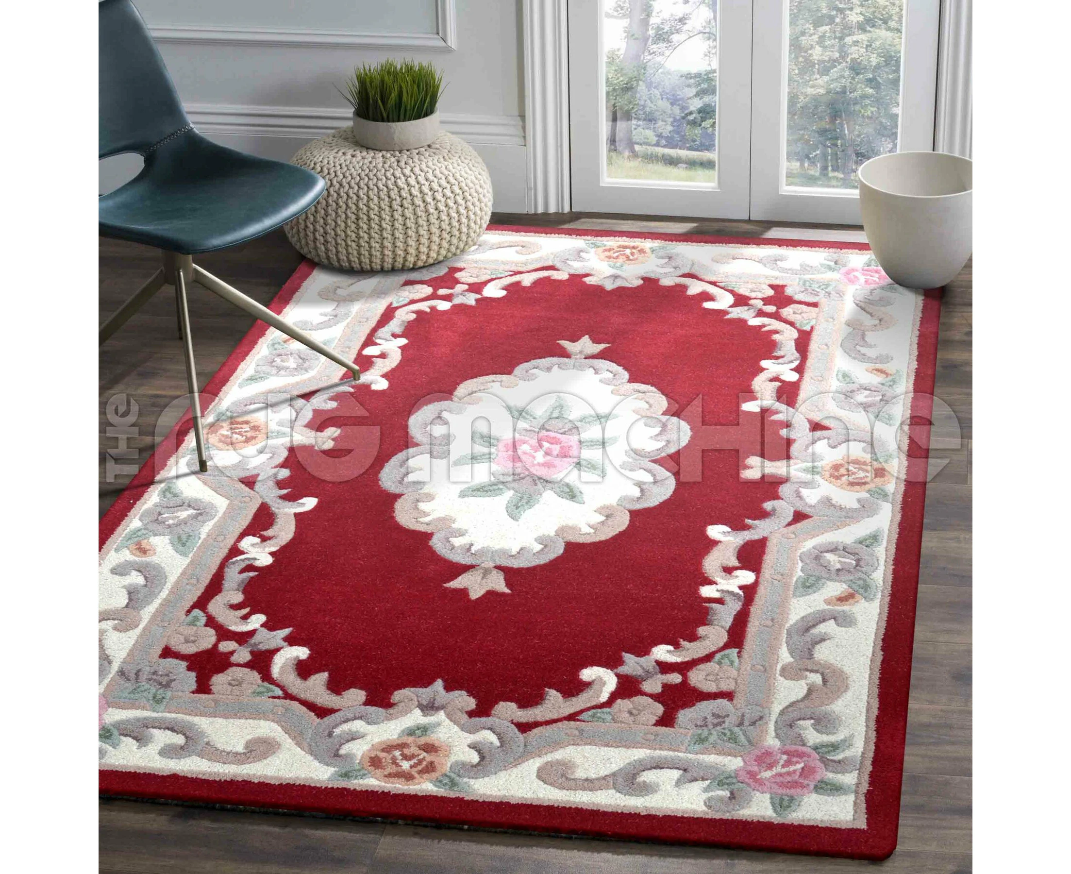 Rose Red Wool Carved French Aubusson Floor Rug (S) 120x180cm