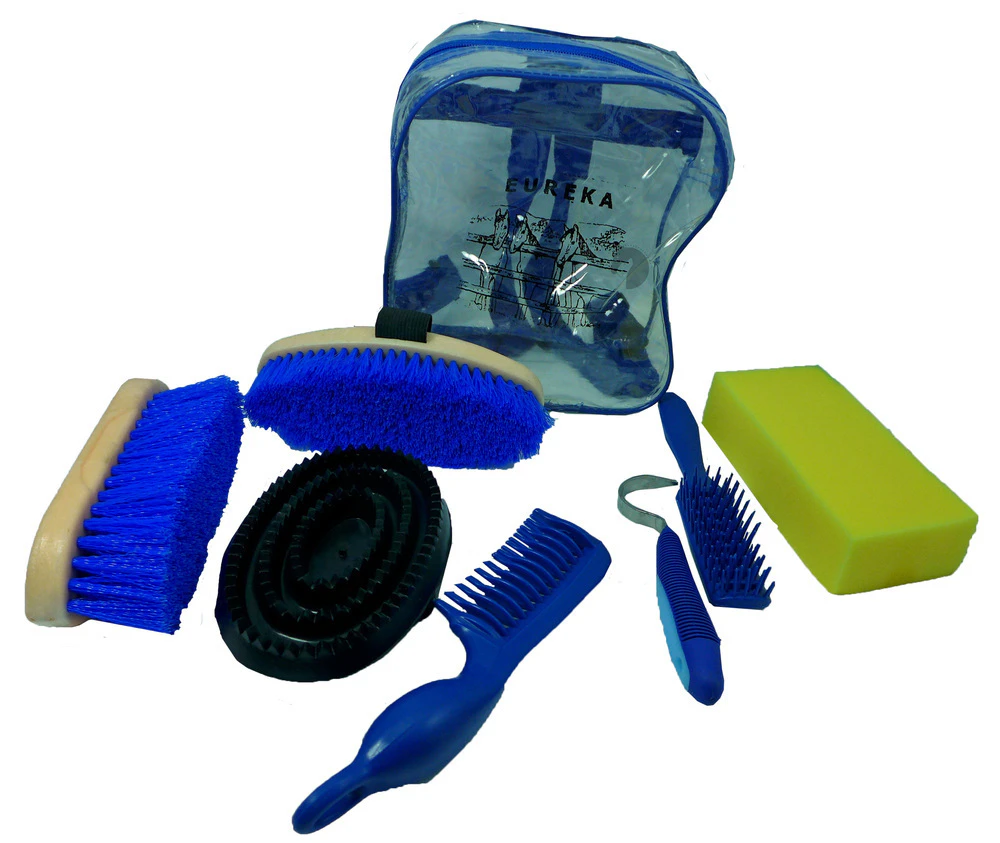 Showcraft Horse Pony Grooming Kit  8 Pieces With Carry Bag  Black Or Blue - Black