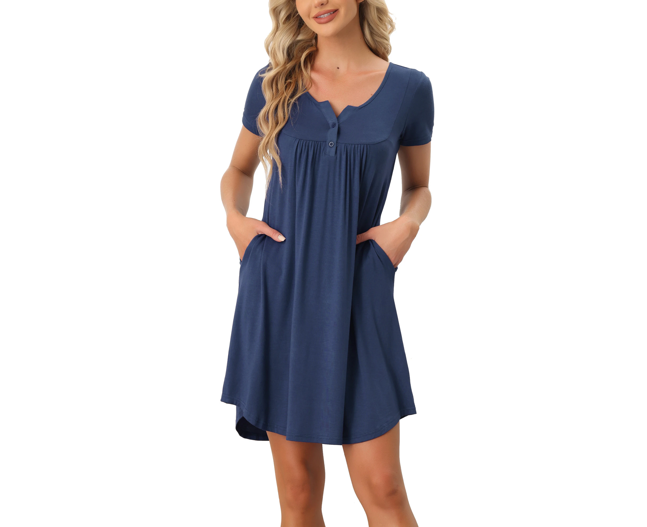 cheibear Short Sleeves Lounge Dress with Pockets - Blue - Blue