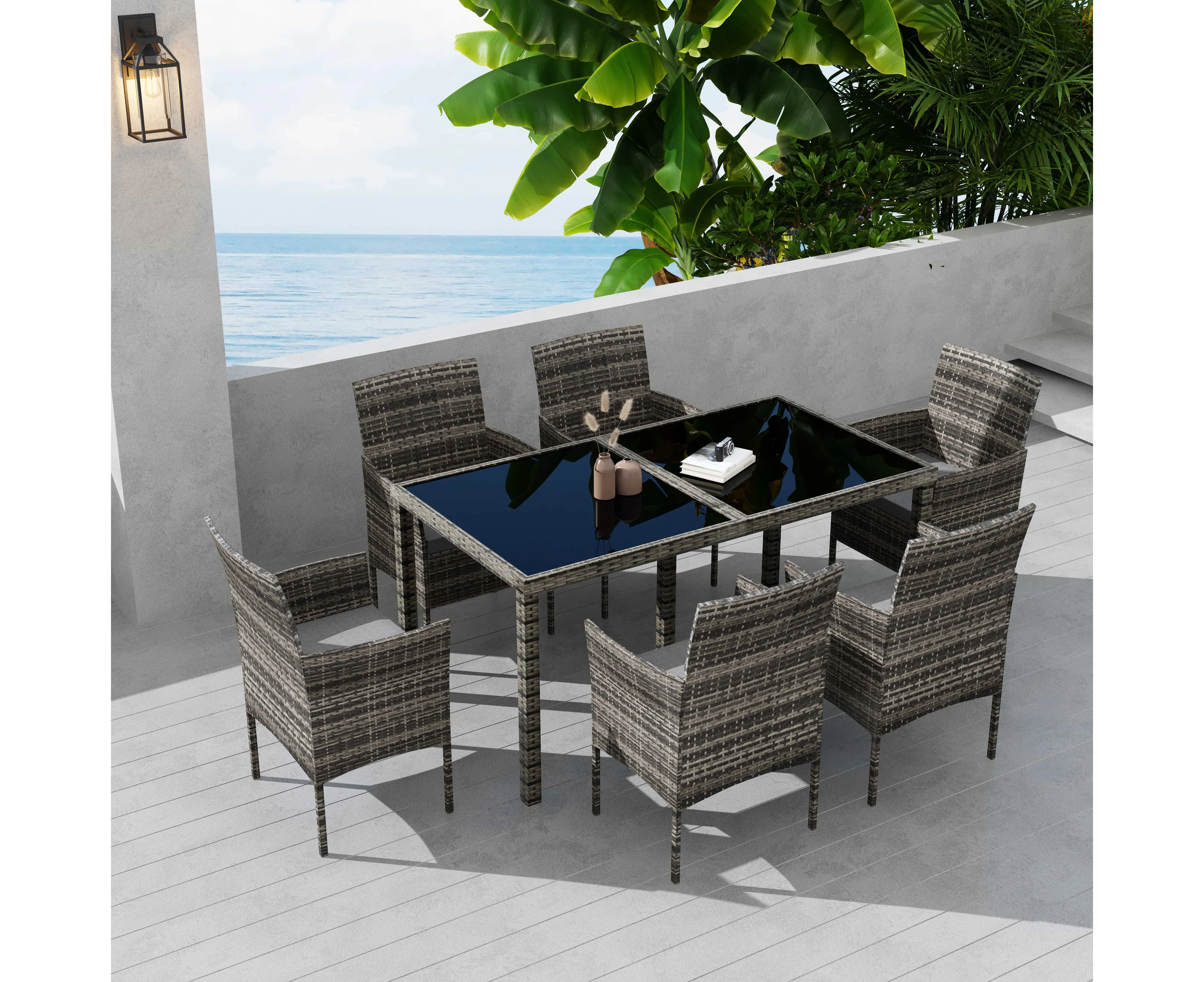 DREAMO Outdoor  6 Seater Dining Set Grey Wicker