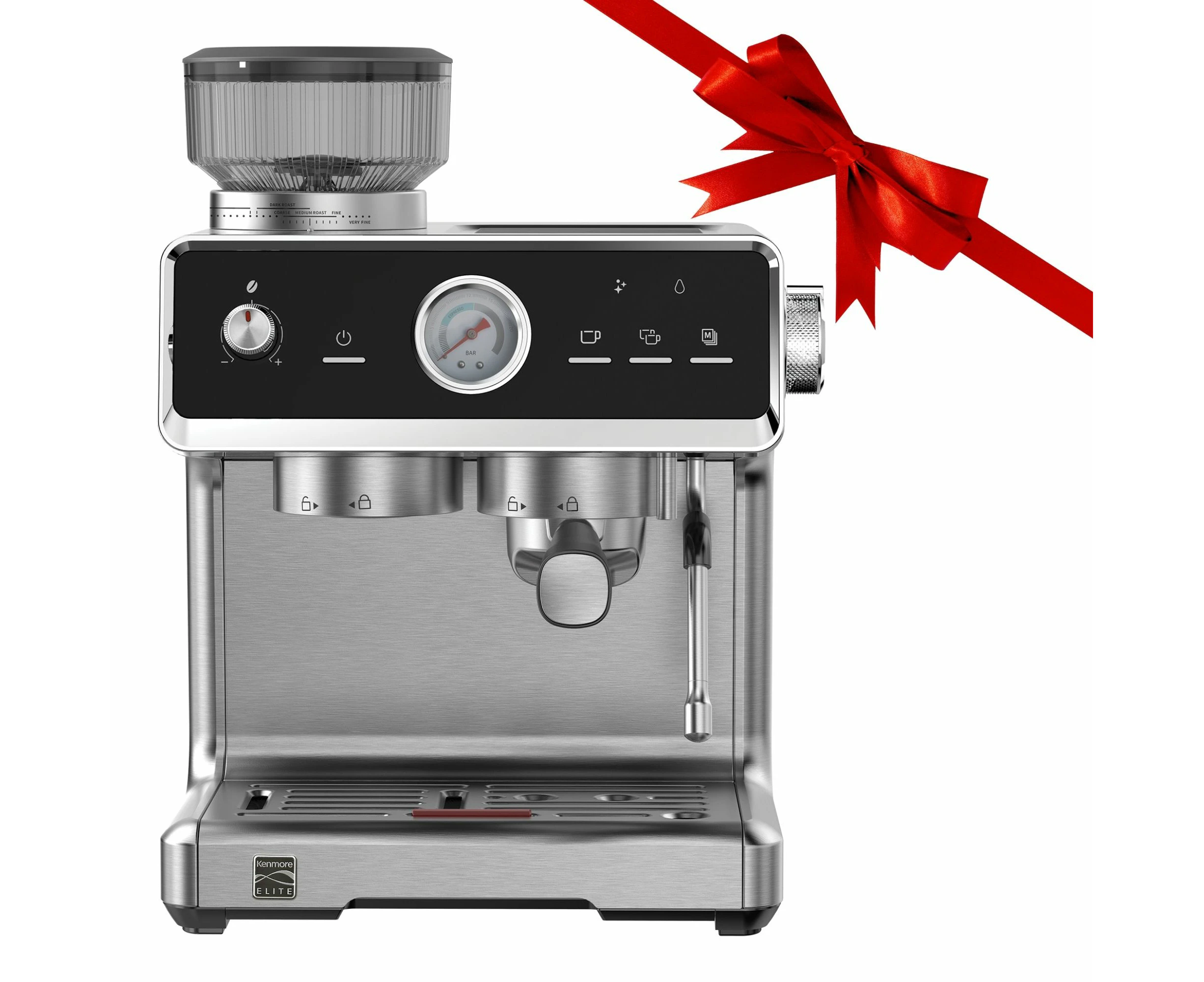 Kenmore Elite 2.5L Espresso Machine With Grinder, Hands-Free Grind & Tamp Semi-Automatic Coffee Machine (Stainless Steel)